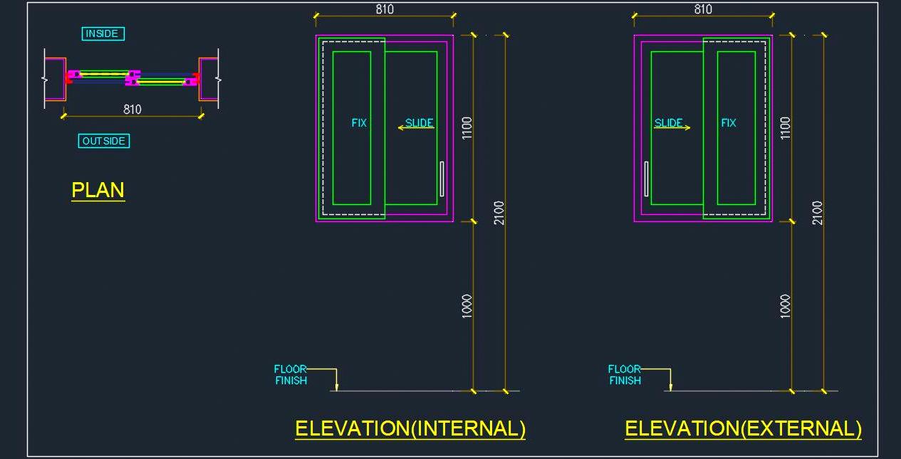 UPVC Sliding Window CAD Detail with Glass Shutter